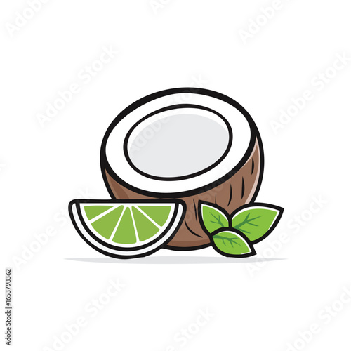 A detailed illustration of a halved coconut with a lime slice and mint leaves, showcasing a refreshing drink.