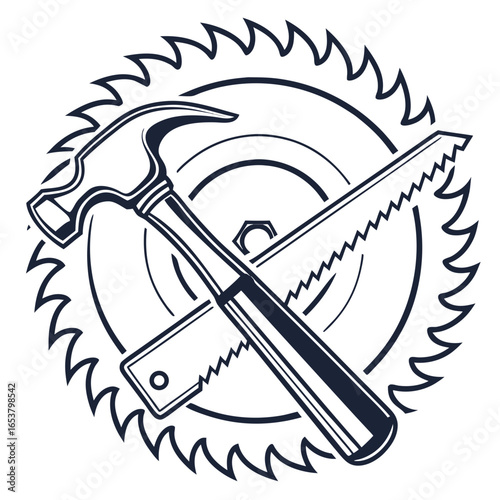 Carpentry tools featuring a hammer and saw crossed over a circular saw blade, symbolizing woodworking and construction isolated on white background