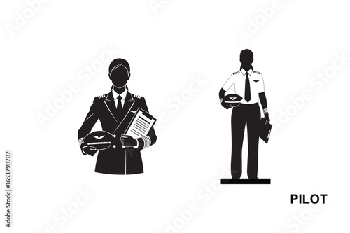 Vector art of silhouettes of pilots with hats and briefcases