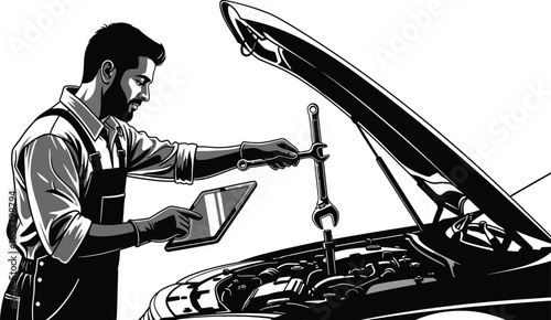 Mechanic uses tablet and wrench fixing car engine under hood