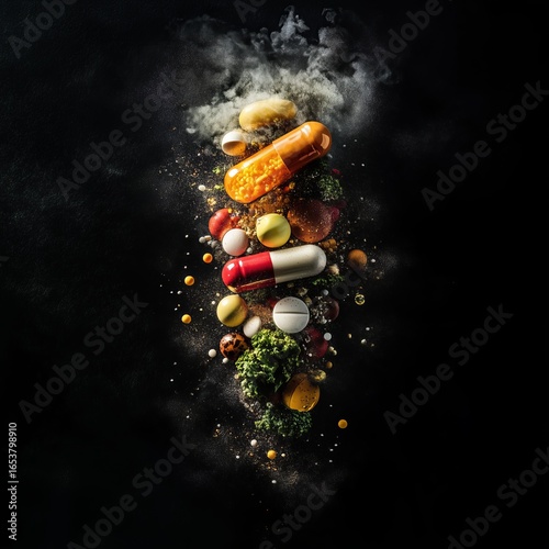 A dynamic composition of various colorful pills and capsules surrounded by smoke on a dark background, ideal for illustrating health, medicine, and pharmaceutical topics.