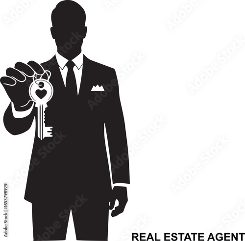 Vector art of silhouette of a real estate agent in a suit holding a key