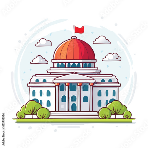 Illustration of a government building with a red flag on top, surrounded by trees and clouds.