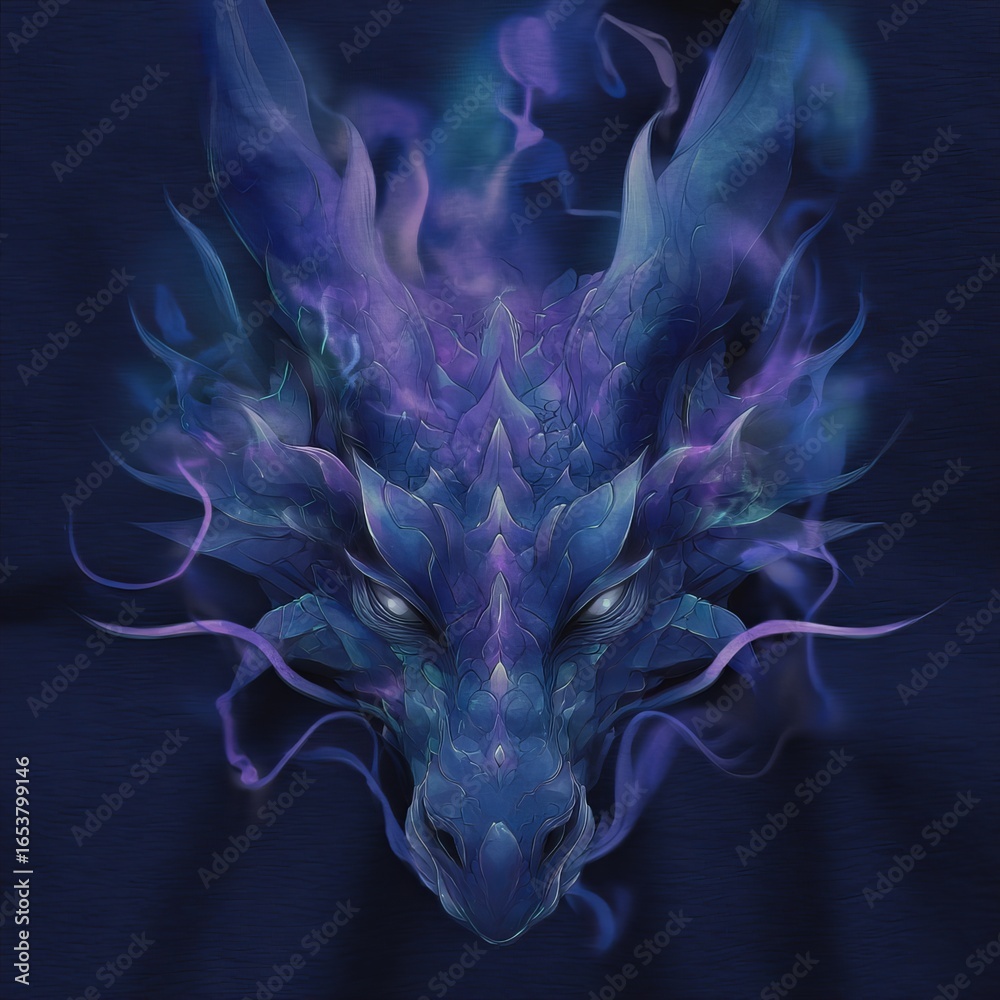 Fototapeta premium A mystical, ethereal dragon head with blue and purple hues emerges from a dark background, creating a fantasy-inspired visual effect.