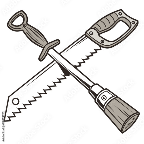 Two hand saws crossed isolated on white background, symbolizing carpentry, construction, and woodworking tools for cutting wood and timber