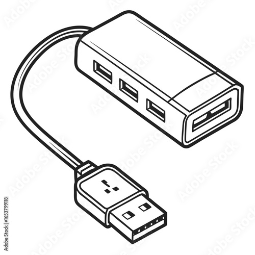 Usb hub with multiple ports isolated on white background for connecting computer peripherals and transferring data with modern design
