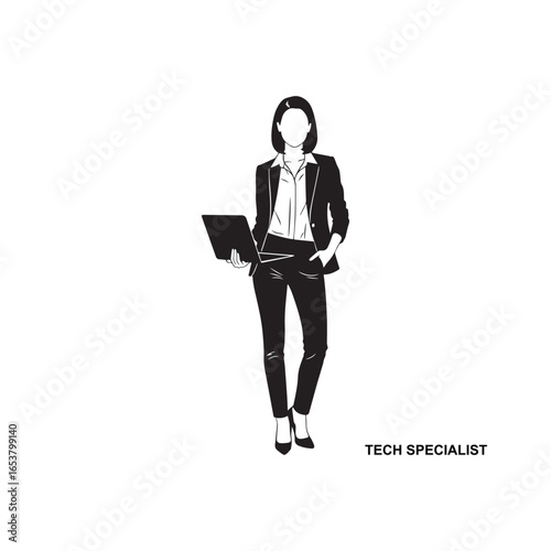 Vector art of silhouette of a female team specialist holding a laptop