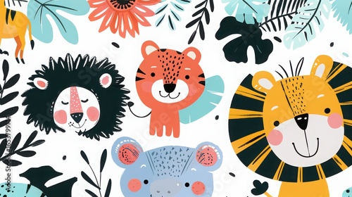 Cartoon animals including a lion tiger giraffe and bear with tropical leaves and flowers on white