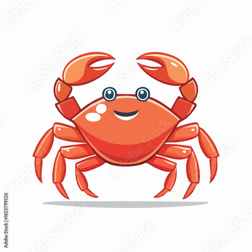 A cheerful cartoon crab with orange shell, smiling face, and prominent claws, isolated on white.