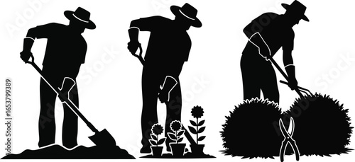 Gardening silhouette set of men tending garden and flowers