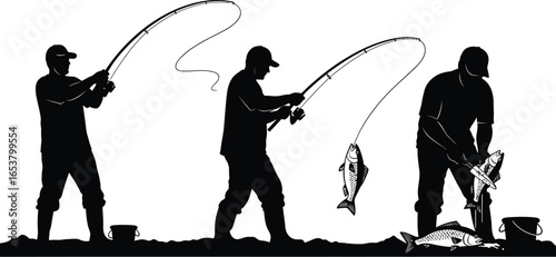 Fisherman catching fish silhouette vector illustration