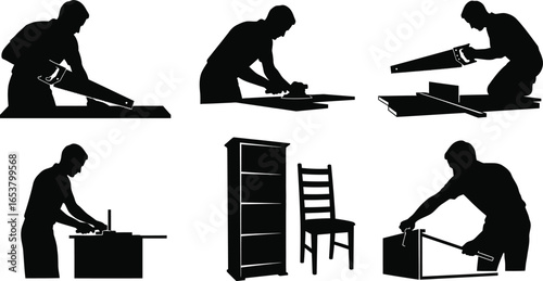 Woodworking silhouettes crafting furniture and building boxes