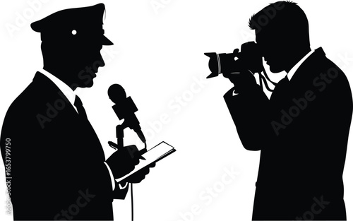 Political press conference with reporter and photographer team