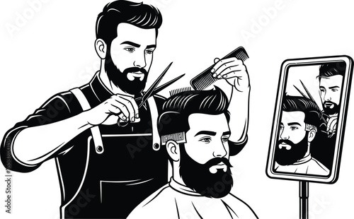 Barber cuts stylish beard trim in cool barbershop mirror view