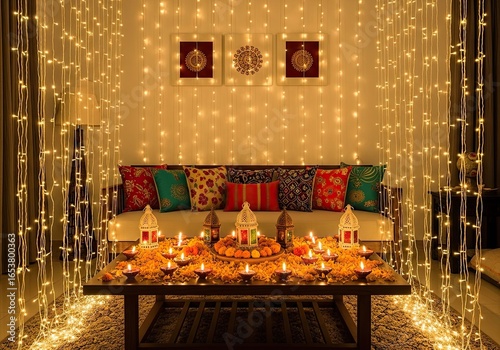 Photo of festive diwali home decor featuring lights, candles, and marigolds creating a warm and inviting atmosphere for the celebration of the festival