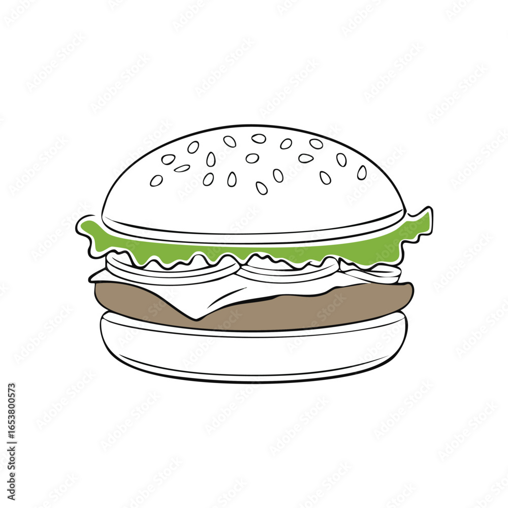 Detailed line art illustration of a delicious burger with fresh ingredients, ready to eat. Detailed line art illustration of a delicious burger with fresh ingredients, ready to eat.
