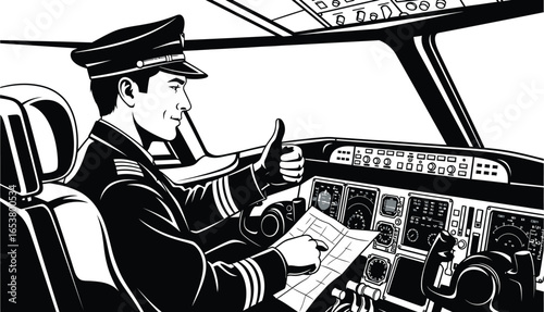 Confident pilot gives thumbs up in modern airplane cockpit