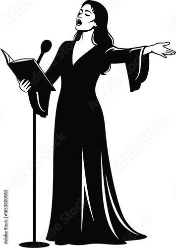 Elegant opera singer performs with passion, holding score, at microphone