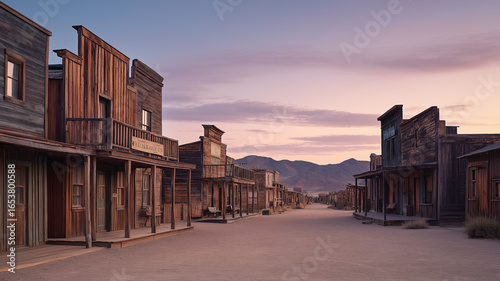 Wild West saloon ghost town empty street, wooden facades, twilight glow, nostalgic desert vibe, fine art photo style