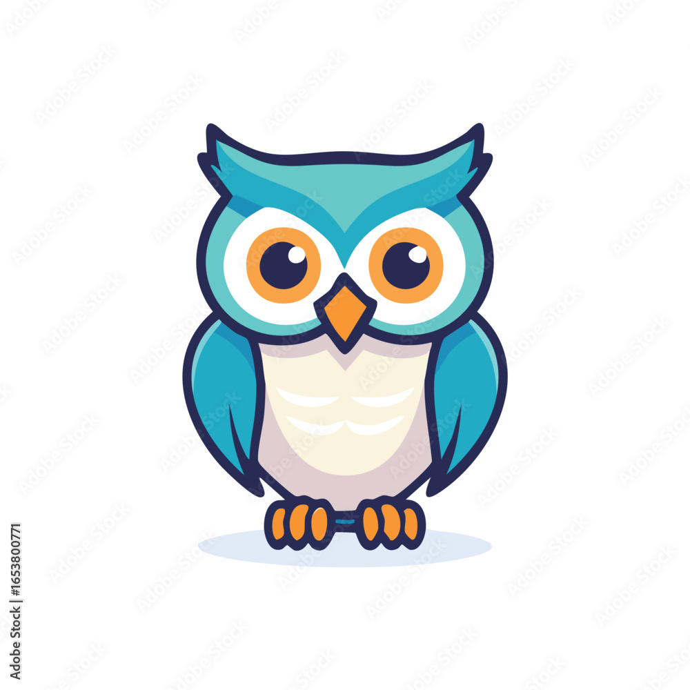 Fototapeta premium Cartoon illustration of a cute blue owl with orange eyes and a white chest.
