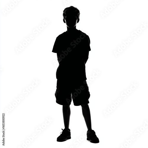 Silhouette of a young boy standing with his hands behind his back against a plain white background.