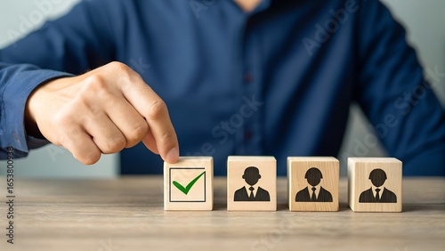 Candidate Selection Concept – Hand Choosing Wooden Block with Checkmark, Hiring, Decision-Making, Abstract, Business Strategy, Gray Background
