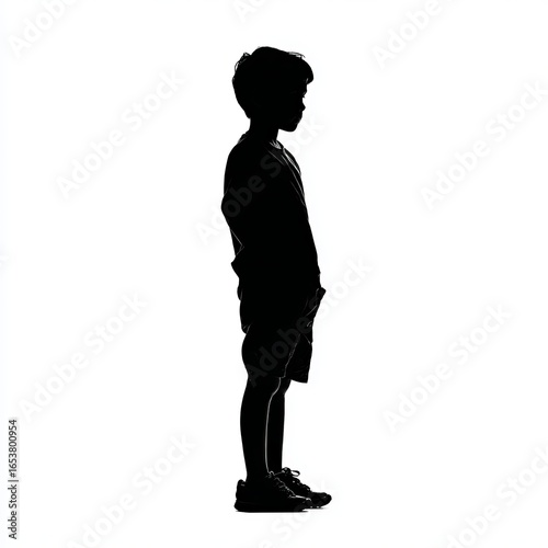 A silhouette of a young boy standing and facing sideways on a white background.