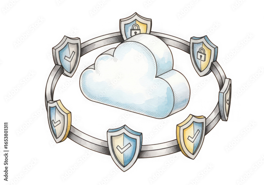 Obraz premium Cloud security concept with shields around cloud isolated on transparent background