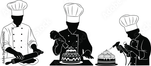 Professional chefs crafting stunning cakes, perfect for bakery designs and menus
