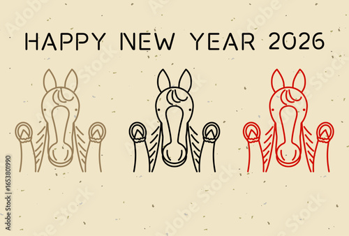 万歳するシンプルな馬のイラストを使った年賀状テンプレート　午年用