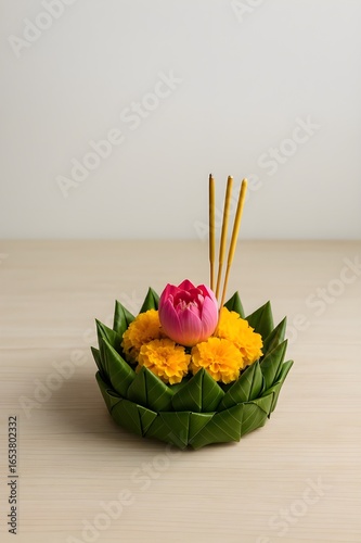 กระทงดอกดาวเรือง–ดอกบัวกับธูป บนโต๊ะไม้ (ลอยกระทง)