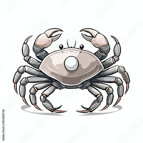 Detailed illustration of a crab with a light gray shell and prominent claws, facing forward.