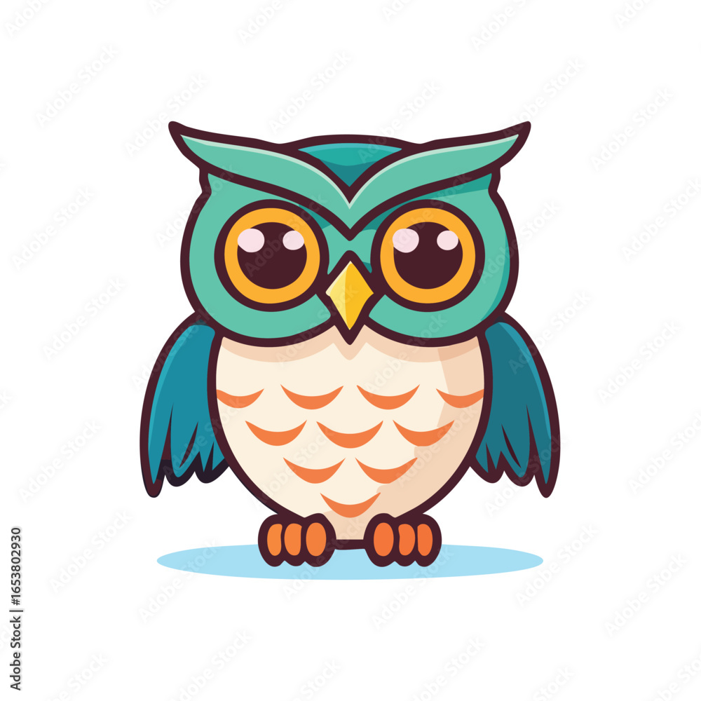 Fototapeta premium Cartoon owl illustration with big eyes, blue wings, and orange feet, sitting upright.