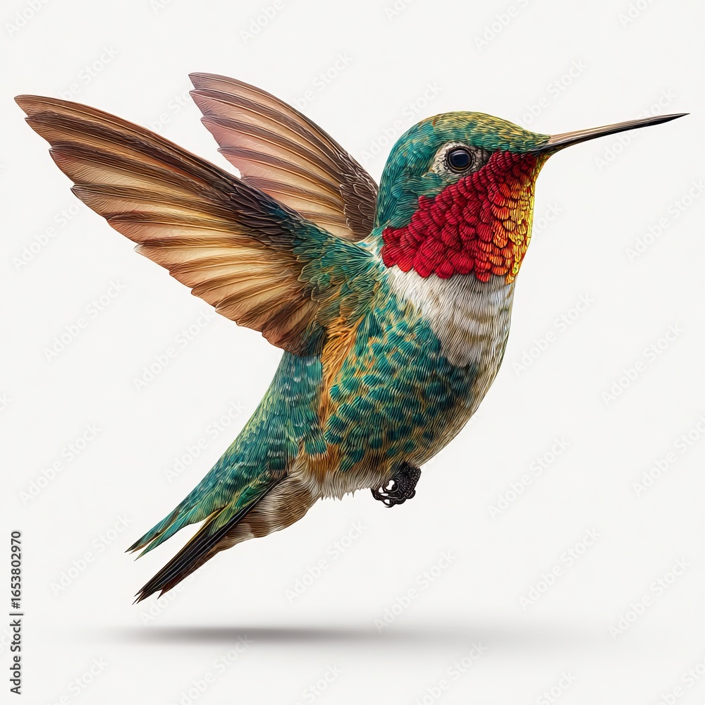 Fototapeta premium A vibrant hummingbird with colorful feathers and a long beak is captured mid-flight against a plain background.