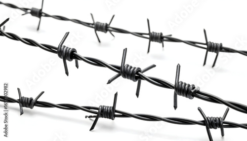Three Parallel Strands Of Barbed Wire Against A White Background Illustrating Security And Danger