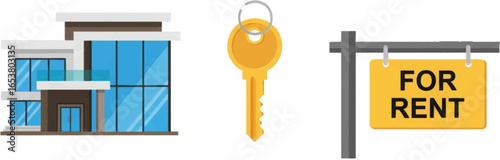Illustration of a modern house, a key, and a for rent sign indicating property availability