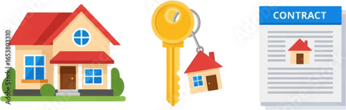 Illustration of a house, key with house keychain, and contract document on a white background