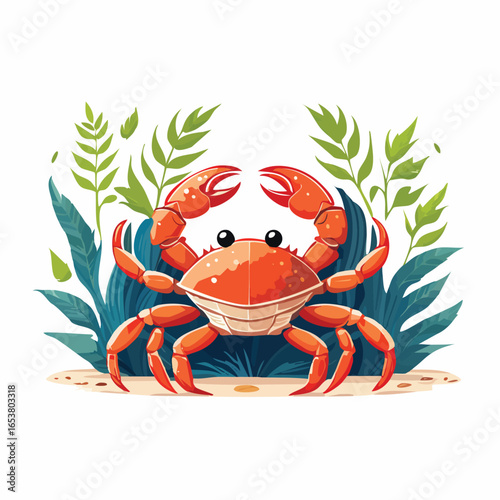 A vibrant cartoon illustration of a cheerful orange crab with large claws and a smiling expression.