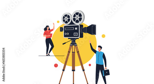 Filmmaking production team operating vintage movie camera on tripod with people and abstract shapes background