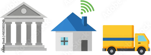 Illustration showing a bank building, a house with wifi, and a delivery truck in a row format