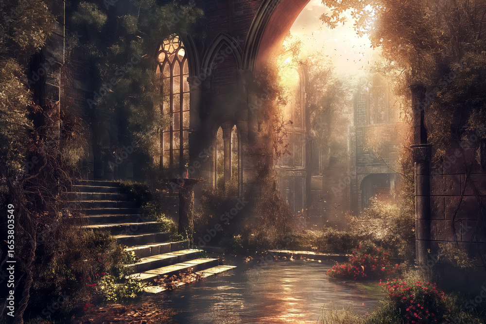 Naklejka premium Sunlit Gothic Ruins Overgrown with Nature, Enchanted Forgotten Temple with Glowing Atmosphere