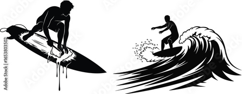 Surfing silhouettes on wave crests, dynamic black and white artwork