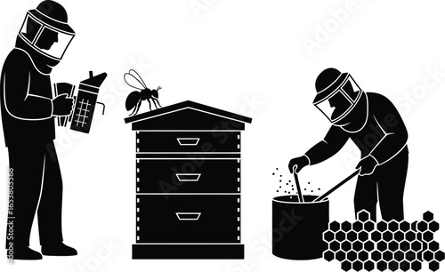 Beekeepers working with beehive and honeycomb, honey production concept