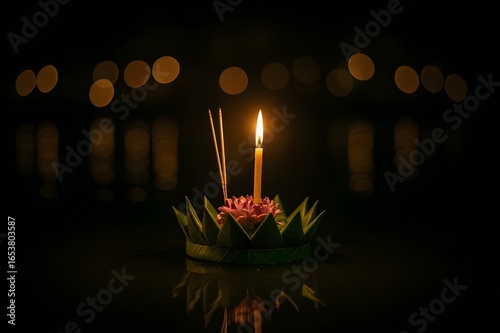 กระทงลอยน้ำยามค่ำ พร้อมเทียนและธูป แสงโบเก้