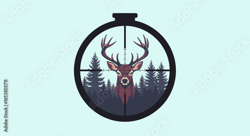 Deer in the crosshairs of a hunting scope with a forest backdrop showcasing a serene wilderness adventure