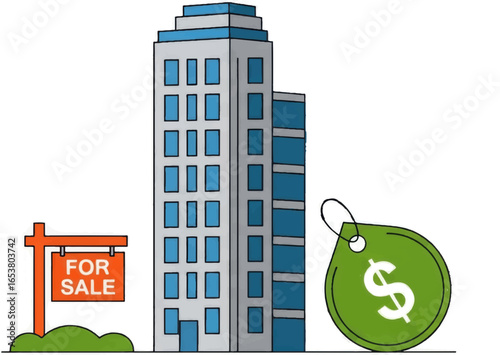 Illustration of a building for sale with a for sale sign and a price tag on the right side
