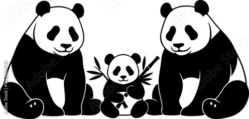 Illustration of a panda family with two adult pandas and a cub holding bamboo shoots in black and white
