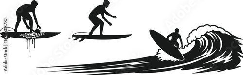 Dynamic surfing silhouettes riding waves with sun and ocean backdrop