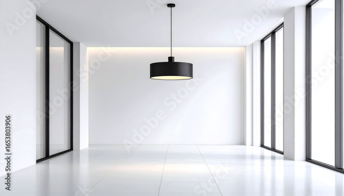 Minimalist Modern Interior Perspective Of An Empty White Room With Large Windows And Black Pendant Lamp