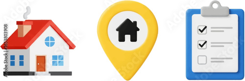 Illustration of a house location pin and clipboard with checkmarks on a white background